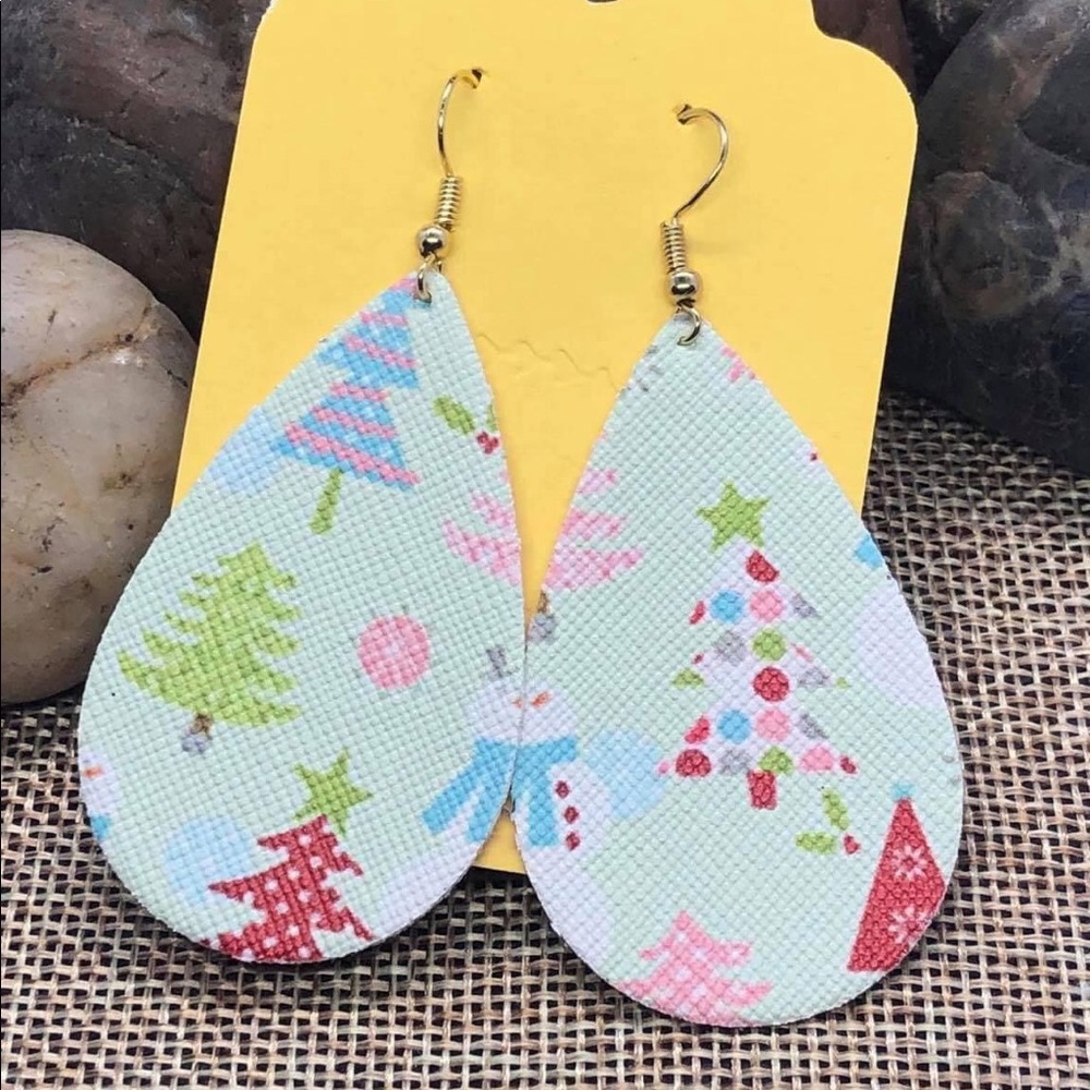 Christmas Holiday Teardrop Faux Leather Earrings